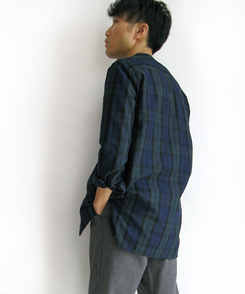 KICS DOCUMENT.（キクスドキュメント） スクエア ヘム バンドカラーシャツ（グリーン）