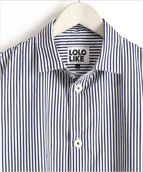LOLO LIKE（ロロライク）片玉ポケット ストライプ 半袖ビッグシャツ（ネイビー）