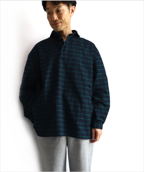 LOLO LIKE(ロロライク)定番プルオーバービックシャツ チェック(グリーン系)